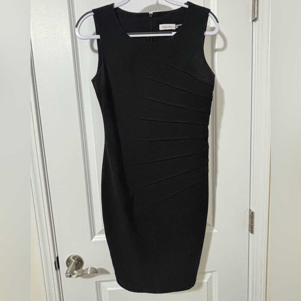 Calvin Klein Black Sleeveless Midi Sheath Dress with Asymmetric Pleats